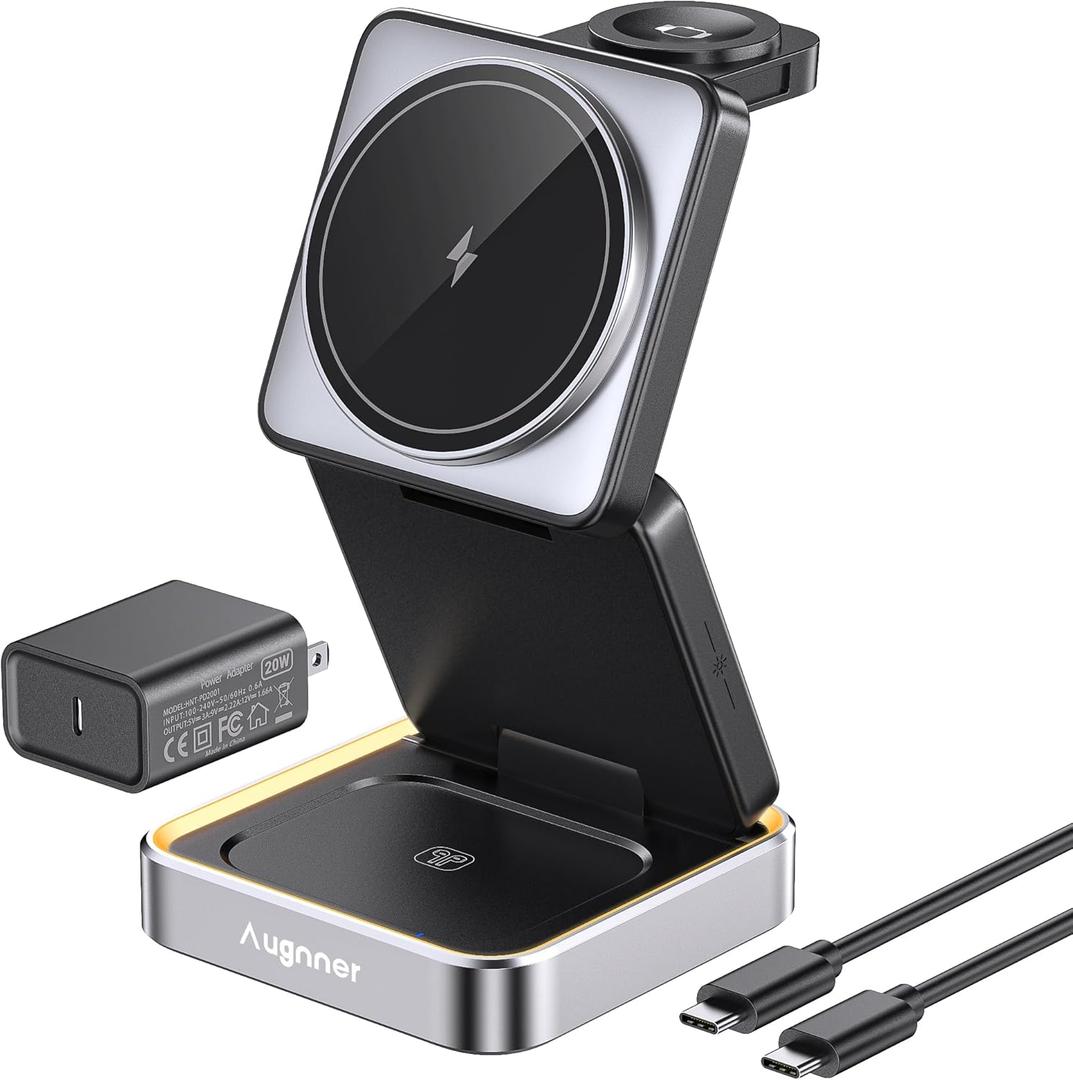 【2026 Upgraded】Wireless Charger 3 in 1, Foldable Wireless Charging Station with Night Light for Apple MagSafe Charger, Travel Magnetic Charger Stand, Nightstand Fast 15W Charging Station (20W Adapter)