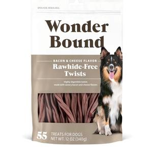 Wonder Bound Bacon & Cheese Flavor Dog Twist Sticks - 55 Count - Rawhide-Free Dog Treats, Dental Health Chews for Plaque & Tartar Control, Easy to Digest, Long-Lasting
