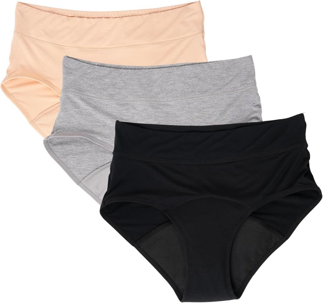 Evella Women’s Leakproof Incontinence Underwear – Washable Reusable Bladder Control Panties – 3-Pack Multicolor (Black, Beige, Grey), Large