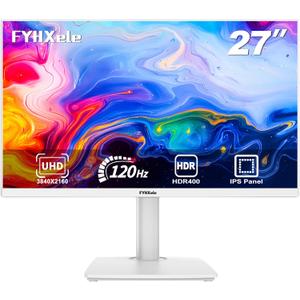 FYHXele 27 inch 4K Gaming Monitor, UHD 3840x2160 Fast IPS Panel Computer PC Monitor, 120Hz, 100% sRGB, FreeSync & G-Sync, HDR 400 Support, HDMI 2.0 & DP 1.4, VESA Mountable-White