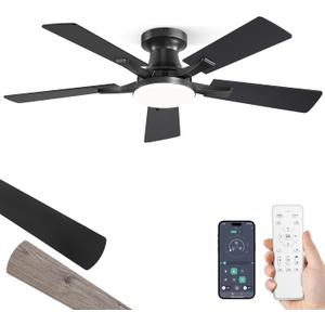 ZMISHIBO 42 Inch Ceiling Fan with Light, App&Remote Control, Flush Mount Low Profile, Dimmable 20W LED Light, Quiet Reversible Motor for Bedroom, Living Room, Apartment, Black