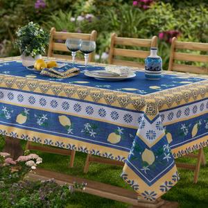 Home Bargains Plus Rectangle Fabric Tablecloth, 60 x 120 Inch, Blue Lemon Garden, Indoor Outdoor Stain and Water Resistant Fabric Table Cloth, Mediterranean Orchard