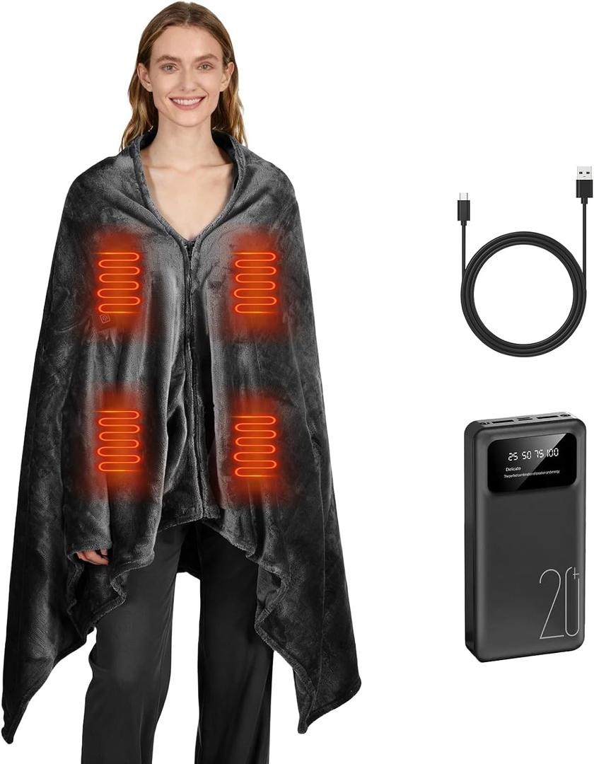 Cordless Portable Heated Blanket Battery Operated, 20000mAh Battery Rechargeable Heated Blanket with 3 Heating Levels, 70"x40" USB Wearable Electric Blankets for Camping, Home, Office, Car