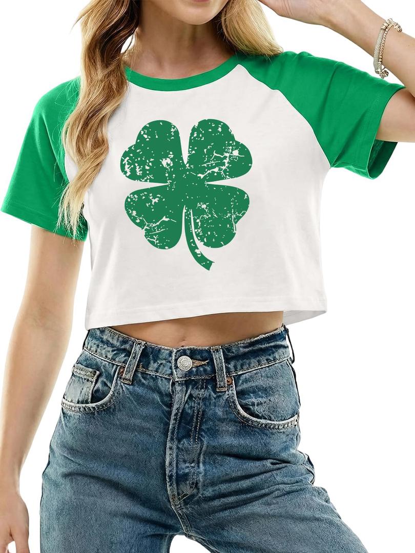 St Patricks Day Shirt Women Luck Shamrock Shirts Cute Saint Patricks Day Crop Top Irish Raglan Shirt (White, XS)