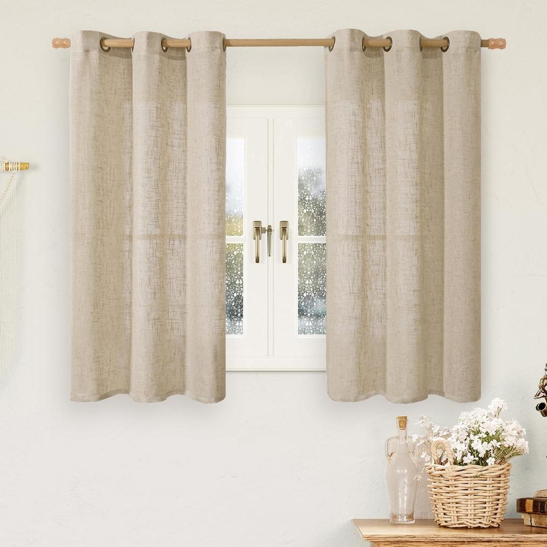 LAMIT Short Linen Curtains 45 Inch Long 2 Panels for Kitchen, Brown Light Filtering Panels Bronze Grommet Burlap Textured Window Drapes for Cafe/Windows/Dining Room, 34 x 45 Inch