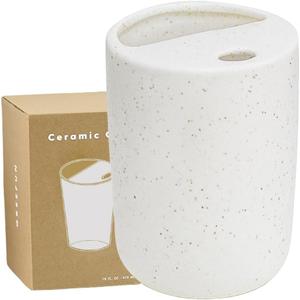 Handmade Ceramic Travel Coffee To Go Tumbler with Half Lid, 17oz Unique Tea Coffee Cup with Sip-top Lid, Speckle White