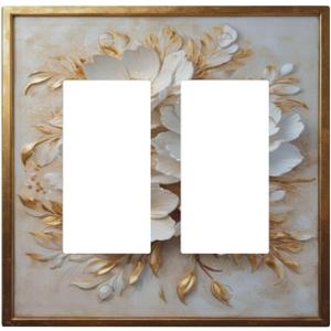 Decorative Art Light Switch Covers Elegant Gold White Floral 2 Gang Dual Rocker Outlet Wall Plate Switchplate Electrical Faceplate for Home,BathRoom & Living Room Decor