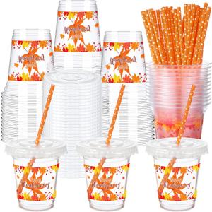 14 oz Maple Leaf Drinking Cups with Straws and Lids, Fall Party Decorations for Thanksgiving and Autumn Parties (60 Sets)