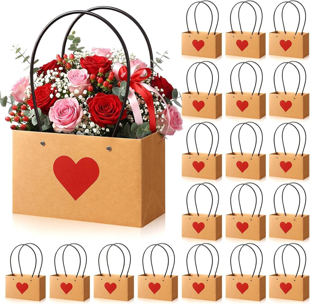 Tinlade 24 Pack Mother's Day Flower Gift Bags, Kraft Paper Heart Bouquet Bags with Handles for Arrangements, Waterproof Lining, Brown Red, for Mother's Day, Wedding, Gift Wrapping, Party Favors