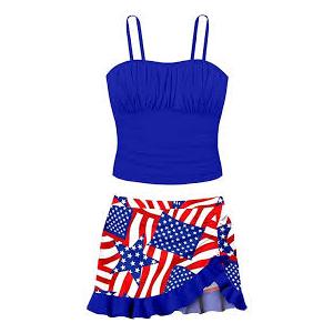 ADIRUN Girls 4th of July Swimsuit Size 1416 Pleated 4th of July Bathing Suit Girls Two Piece Tankini Red White and Blue Swimsuit Adjustable Strap with Ruffle Drawstring Skirt Swimwear 15-16 Years