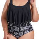 Mooncore Womens Plus Size Swimsuit High Waisted Tankini Bathing Suits Two Piece Flounce Bikini Swimsuit (Blackwhite) XL