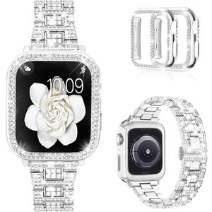 Mosonio Compatible with Apple Watch Band, with 2 Pack Case Women, Jewelry Replacement Metal Bands Strap with Bling PC Protective Case for iWatch, Size: 40mm (Series 6/5/4/SE)