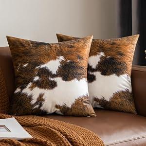 Woaboy Pack of 2 Decorative Throw Pillow Covers Cowhide Brindle Printed Couch Throw Pillows Cushion Covers for Home Decor Living Room Sofa Bedroom 18x18 Inch