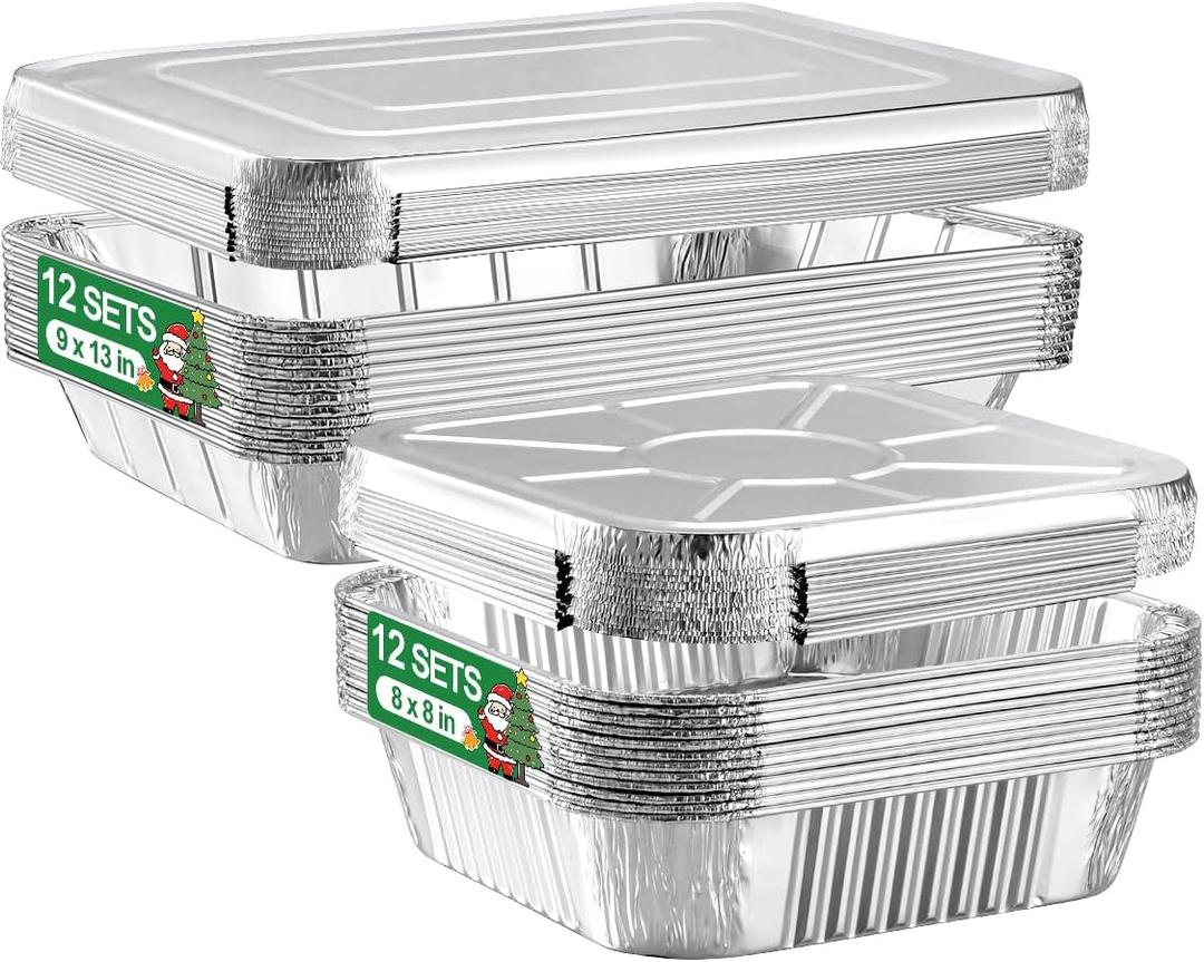 24 Pack Disposable Aluminum Pans with Lids Combo Set- 12 Large 9x13 Foil Pans Half Size & 12 Small 8x8 Tin Foil Baking Pans, Tin Trays Containers for Meal Prep, Food Cooking, Roasting, Heating
