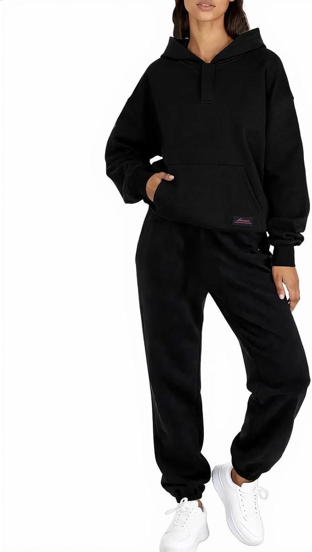 Womens 2 Piece Sweatsuit Set, 2025 Casual Long Sleeve Hoodie with Loose Wide Leg Sweatpants for Fall and Winter (Black, M)