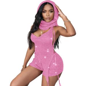 Women Trendy 3 Piece Outfits Crochet Knitted Balaclava See Through Halter Crop Top Hollow Out Mini Hot Shorts Sets (Small, Pink)