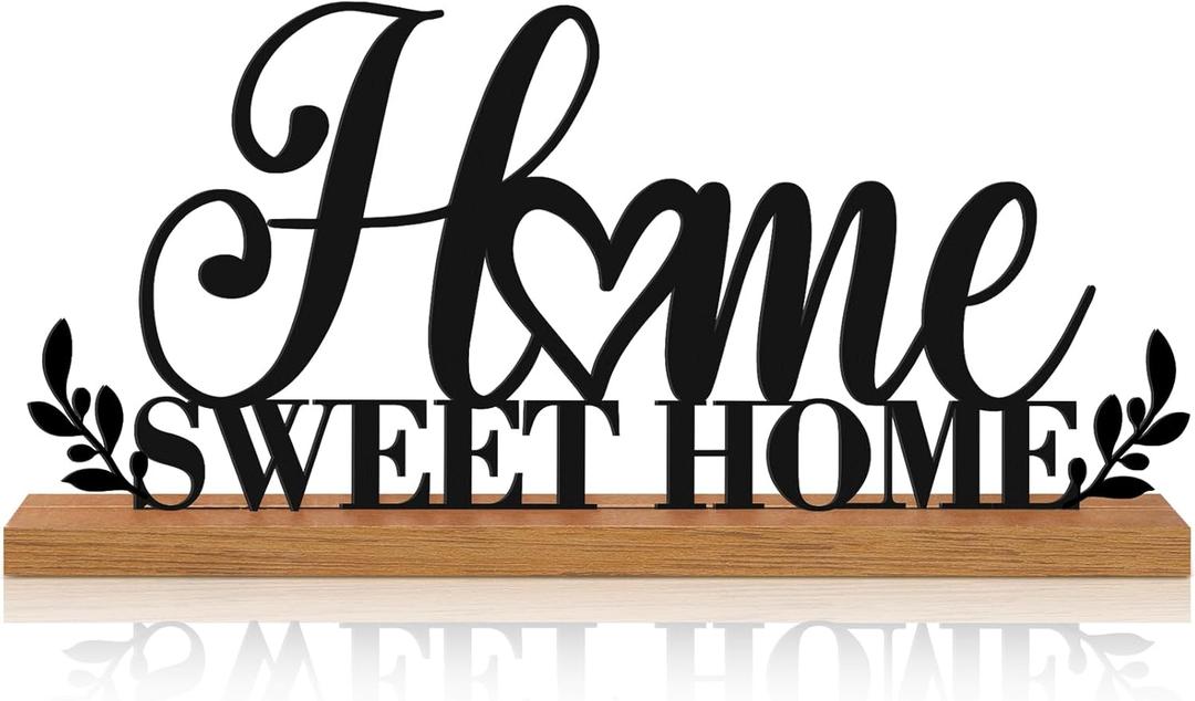 Home Sweet Home Sign House Table Decor Bless Centerpiece Black Metal Word Sign with Wooden Base for Sweet Family Tabletop Desk Decoration Housewarming Gift
