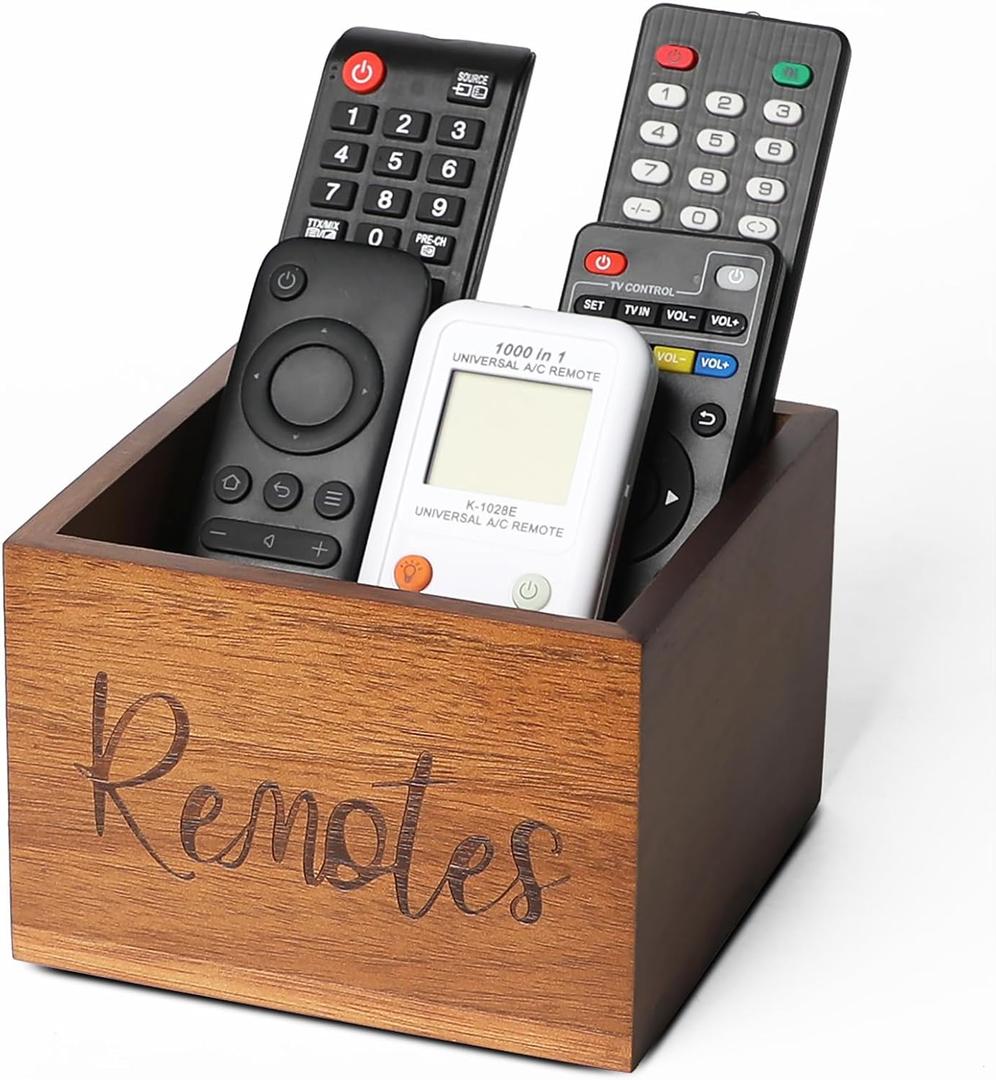 Acacia Wood Remote Control Holder Caddy, TV Organizer for Table, Vintage Farmhouse Desk Caddy (Brown for 3+ Controls)