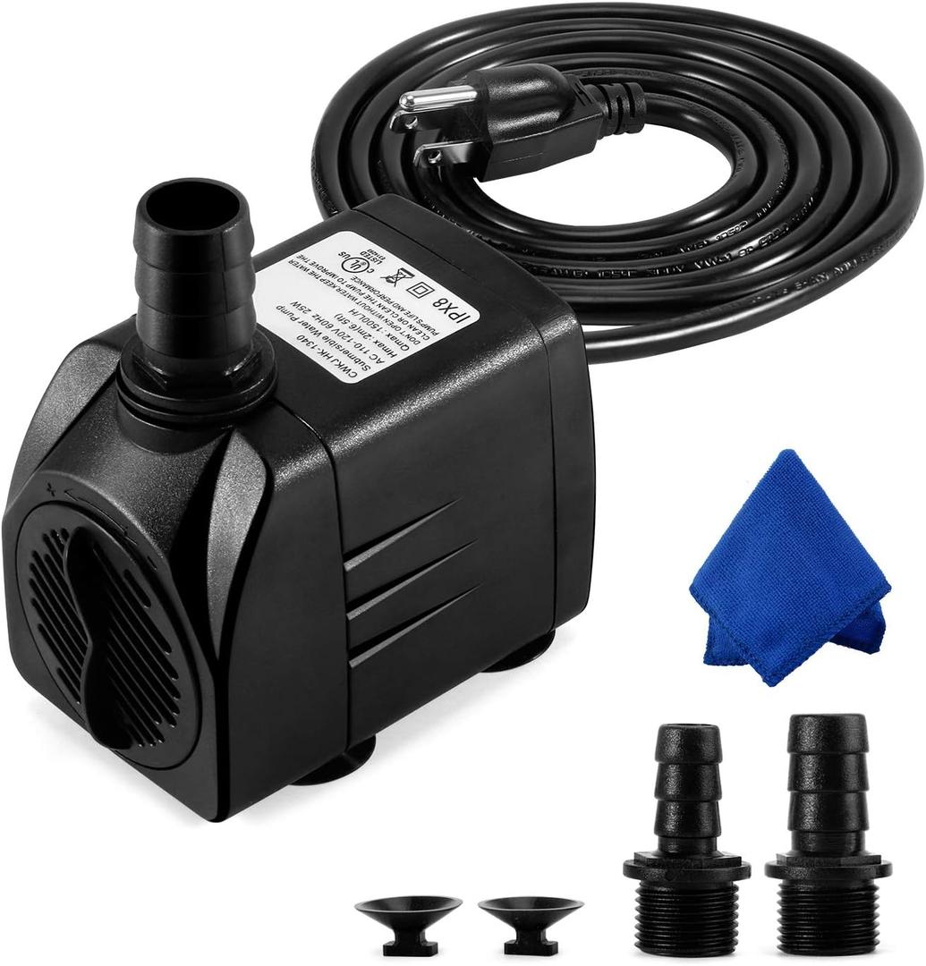 CWKJ Fountain Pump, 400GPH Submersible, Durable 25W Outdoor Water Pump with 6.5ft Power Cord, 3 Nozzles for Aquarium, Pond, Fish Tank, Water Pump Hydroponics, Backyard Fountain
