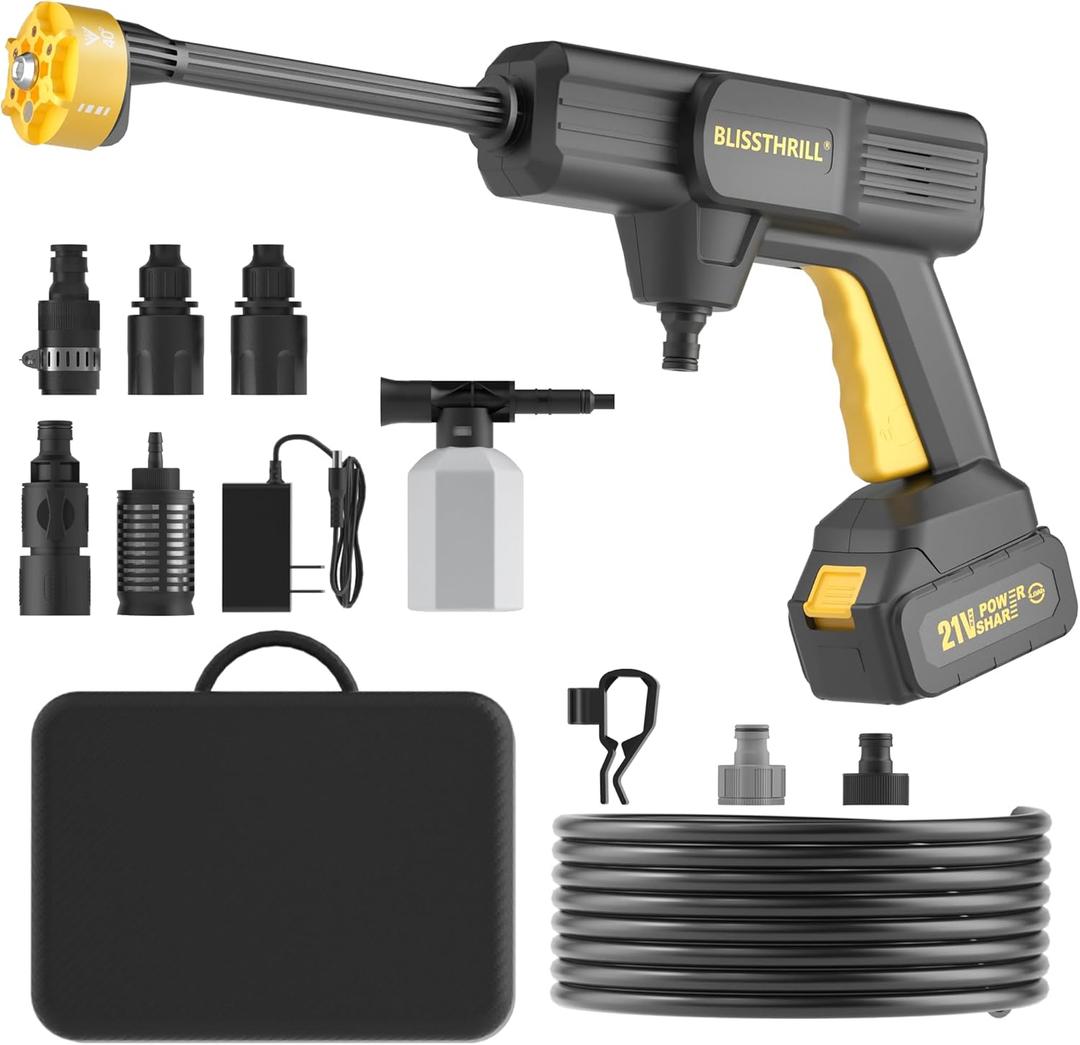 Cordless Portable Washer, 1100 PSI Battery Operated Washer with All-Copper Motor, Battery, 23FT Elastic Hose, Storage Bag; Handheld Washer; Lightweight Car Washer for Home, Garden (Yellow & Black)