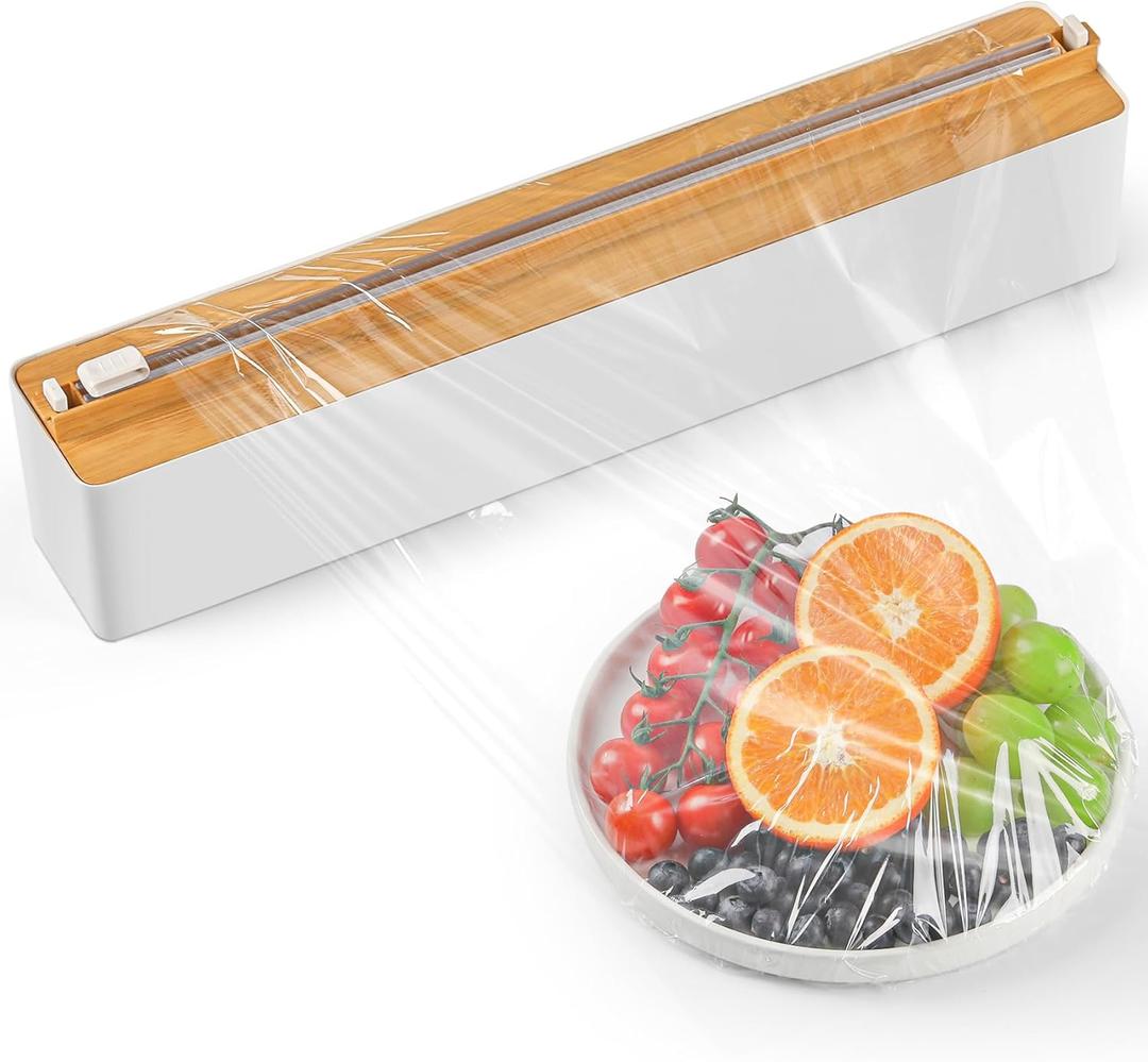 Magnetic Plastic Wrap Dispenser with Cutter - Quasziwa Upgrade Practical Refillable Cling Wrap Aluminum Tin Foil Organizer for Drawer, Include an Extra Roll of 12"X 164' Food Cling Film - Wood Grain (14.17*2.6*2.44 IN)