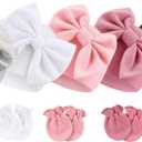 BQUBO Newborn Baby Girls Hats Mittens Set Hospital Hat Beanie Infant Bow Hats Baby Cotton Gloves for 0-6 Months