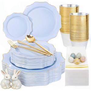 WDF 175Pcs Blue Plastic Plates - Heavy Duty Baby Blue Plates Disposable - 25Guests Plastic Dinnerware Ideal for Parties/Wedding/Baby Shower/Easter (Bule and Gold)