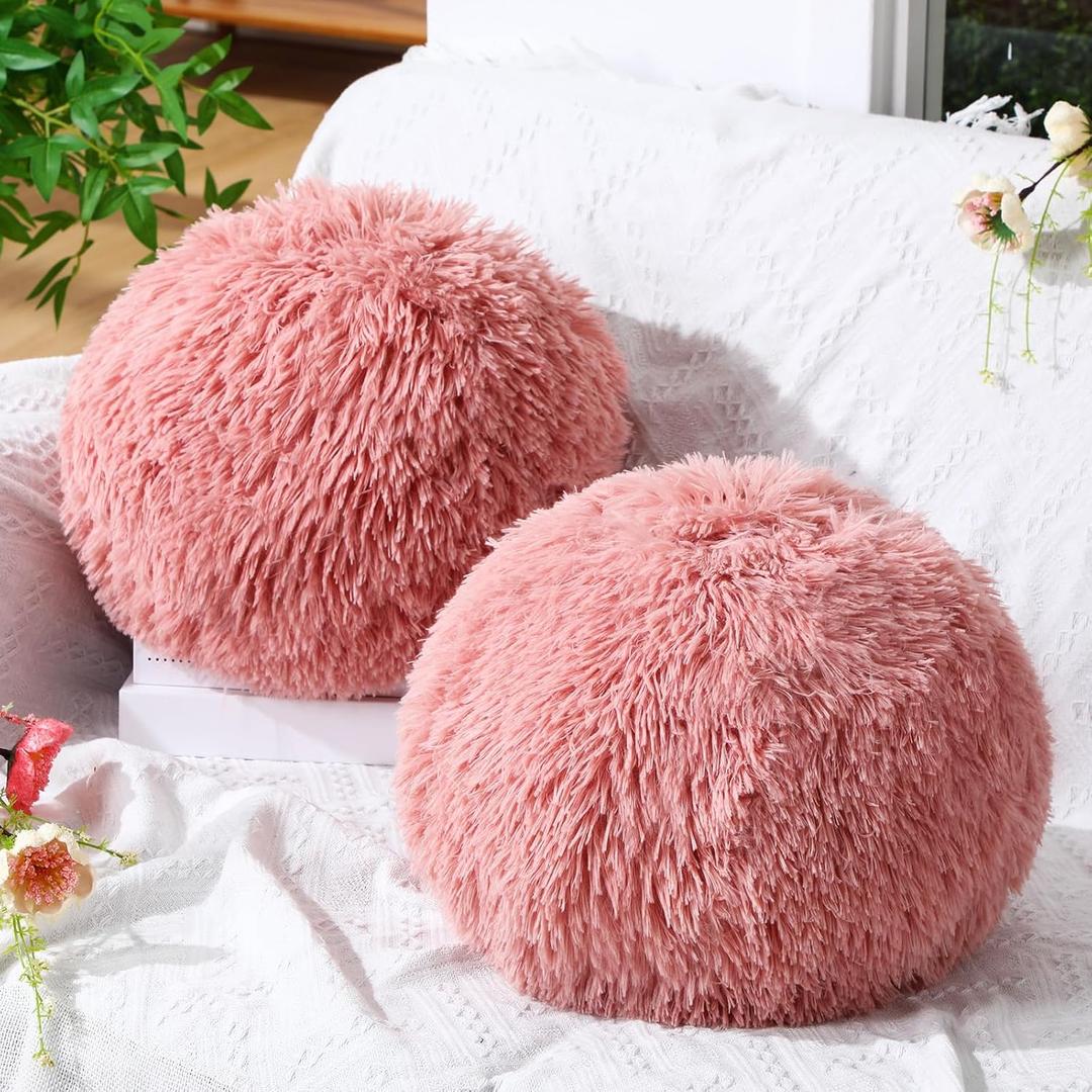 2 Pack Plush Round Ball Throw Pillow 10 Inch Nordic Soft Boucle Pillows Spherical Fuzzy Pillows Circle for Couch Sofa Bed Bedroom Living Room Office School Chair Decorations(Pink)