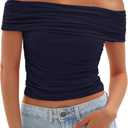 Darong Women Mesh Off The Shoulder Top Short Sleeve Double Lined Ruched Shirts Trendy Going Out Tops Summer Fashion Clothes (Blue, XS)