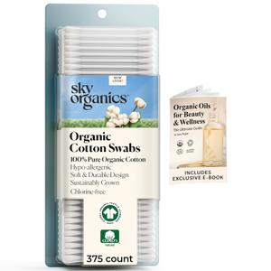 Sky Organics - Organic Cotton Swabs, Ultra Soft Tips - Strong & Durable - Hypoallergenic - Chlorine Free - Sustainable - Natural, Vegan & Cruelty Free - Skin Care & Self Care w ebook (375 Count (Pack of 1))