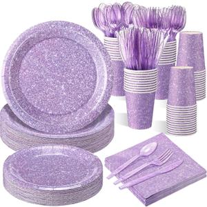 Hushee 175 Pcs Pastel Purple Holographic Print Party Supplies Guests Disposable Dinnerware Set Include Paper Plates, Napkins, Cups, Plastic Cutlery for Wedding Birthday Disco Bachelorette