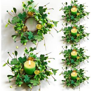 Valentine Candle Rings Wreaths Red Pink Wooden Heart Artificial Heart Berries Valentine's Day Candle Holder Rings Mini Wreaths Decor (6, Irish Gold Coin)