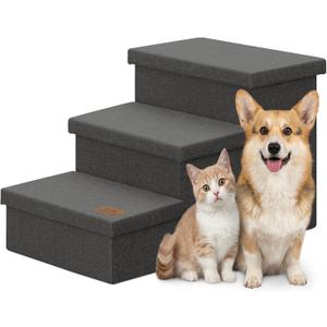 Zerbuger Dog Stairs with Storage, Dark Grey 3 Steps Dog Ramp no Condo | 18" H Wider Dog Steps for High Beds Couch, Folding Storage Pet Stairs Gift for Climbing Small/Medium/Large Old Dogs Cats