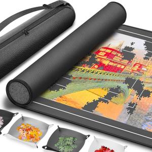 Join&Joy Jigsaw Puzzle Mat Roll Up, 46" x 26" Rubber Saver Pad, with 4 Sorting Trays & Travel Storage Bag, Portable Rollup Puzzle Matt Keeper, Satin Gray