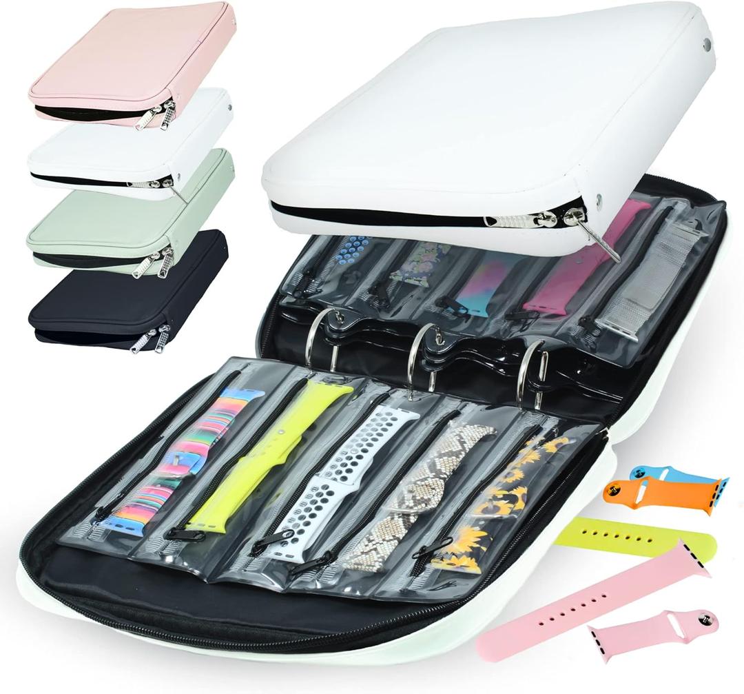 Skywin Watch Band Holder for Apple Watch Bands - An Apple Watch Band Case Organizer with a Band Capacity and Zippered Compartment Sleeves (White)