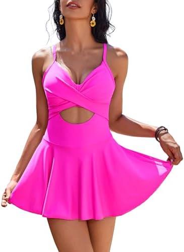 AI'MAGE Women's One Piece Swimdress V Neck Tie Back Skirt Swimsuit Push Up Tummy Control Bathing Suits XL
