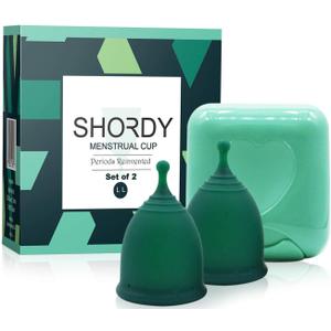 SHORDY Reusable Menstrual Cups (Large) Set of 2 with Mini Box, Medical Grade Silicone, Coupe Menstruelle, Safe Period Cup, Heavy Flow Kit, Feminine Hygiene, Tampons, Pads & Disc Alternative (Green) (Pack of 2)