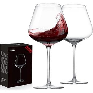 JBHO Hand Blown Italian Style Crystal Burgundy Wine Glasses - Lead-Free Premium Crystal Clear Glass - Set of 2-21 Ounce - Gift-Box for any Occasion