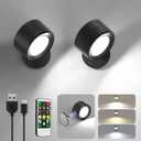 Lightbiz LED Wall Mounted Lights 2 Pcs with Remote, Wall Sconces Lamp 3000mAh Rechargeable Battery Operated, 3 Color Temperatures & Dimmable Magnetic 360 Rotation Cordless Light for Bedroom Bedside