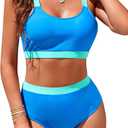 Womens High Waisted Bikini Sets Sporty Crop Top Color Block Swimwear Bandeau Scoop Neck Vintage Two Piece Bathing Suits (Large, Blue)