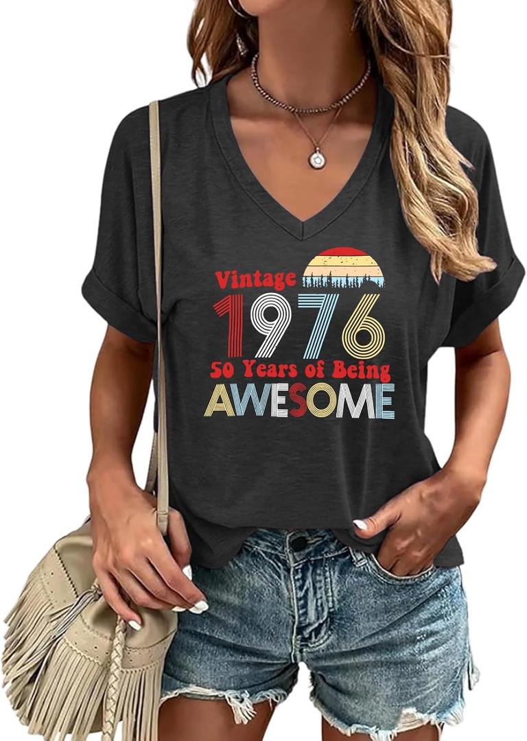 Chulianyouhuo Vintage 1976 T Shirts for Women 50th Birthday Gifts Letter Print Retro Party Tops Casual V Neck Tee Tshirts, L