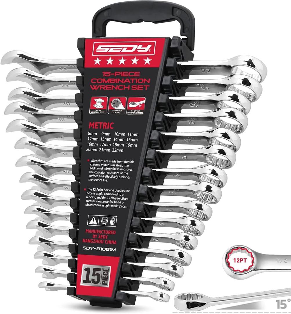 15-Piece Metric Combination Wrench Set, 822mm 12-Point Open End and Box End Wrench Kit with Organizer, Chrome Vanadium Steel Tools for Mechanics, Garages and Workshops