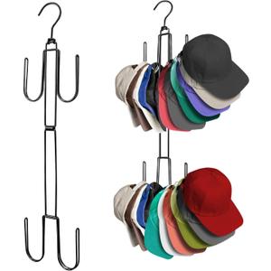 Hat Organizer for Closet, Collapsible Metal Cap Rack with 360 Rotating Hooks, Space Saving Hat Hanger Holds 40+ Baseball Caps Holder for Wall, Door or Closet Display