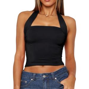 Women Halter Tank Tops Summer 2026 Backless Going Out Shirts Sexy Sleeveless Cute Crop Y2k Trendy Outfits (S)