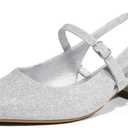 mysoft Women's Slingback Mary Jane Pumps Block Low Heel Adjustable Buckle Dress Shoes Silver Glitter 11
