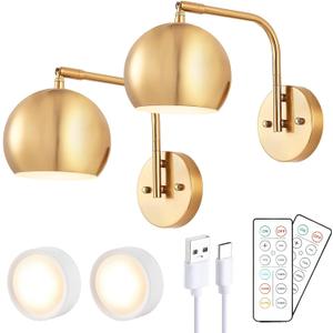 Rechargeable Battery Operated Wall Sconce Set of Two, Remote Control Wall Sconces Battery Operated, Wireless Rechargeable Wall Sconce, Brushed Gold Battery Wall Sconce for Bedroom (Gold-Recharge)