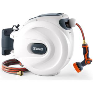 Bltezeit Retractable Garden Hose Reel, 1/2'' x 65ft Hose Reel Wall-Mount with 10-Function Spray Nozzle, Any Length Lock | 180 Swivel | Automatic Slow Rewind | Heavy Duty (White)