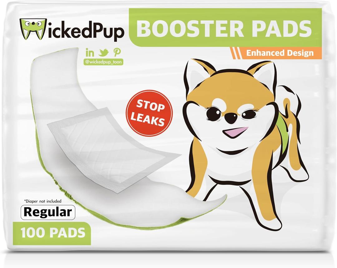 WICKEDPUP Dog Diaper Liners Booster Pads for Male and Female Dogs, 100ct | Disposable Diaper Inserts fit Most Reusable Pet Belly Bands, Wraps, and Washable Period Panties (Regular (100 Count))