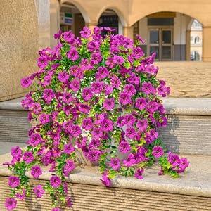 4 Pcs Fake Outdoor Artificial Flowers For Outdoors Uv Resistant, Plastic Flowers For Outdoors, Fake Hanging Plants Faux Flowers For Outdoor Planters, Silk Spring Flowers For Outside Porch（Purple ）