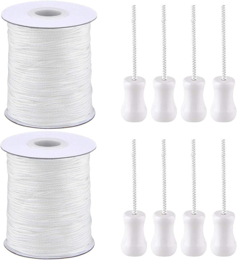 2 Roll 1.8mm Braided Nylon Lift Shade Cord with 8 Pieces Wood Pendants 110 Yards Replacement Curtain String Kit for Aluminum Blinds Repair, Roman Shades, Gardening & DIY Craft Projects (White)